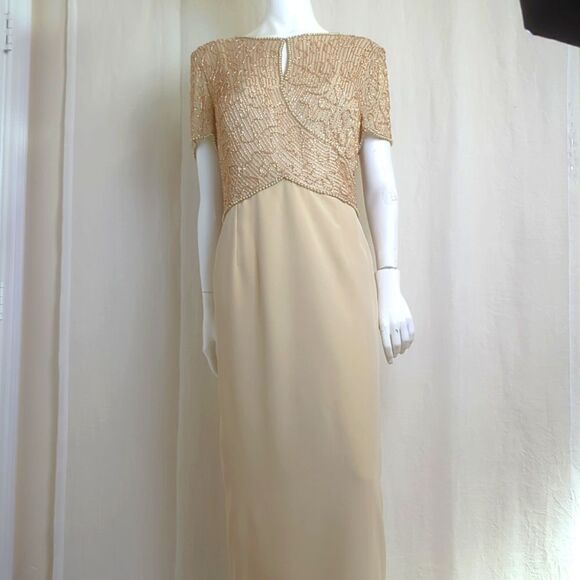 Montage Mon Cheri TanMOB Gown Beaded Bodice and Tan Straight Skirt Size 18